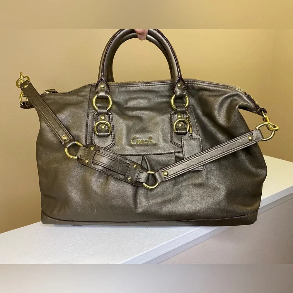 Coach Ashley Sabrina Pleated Convertible Satchel Duffle Bag Metallic